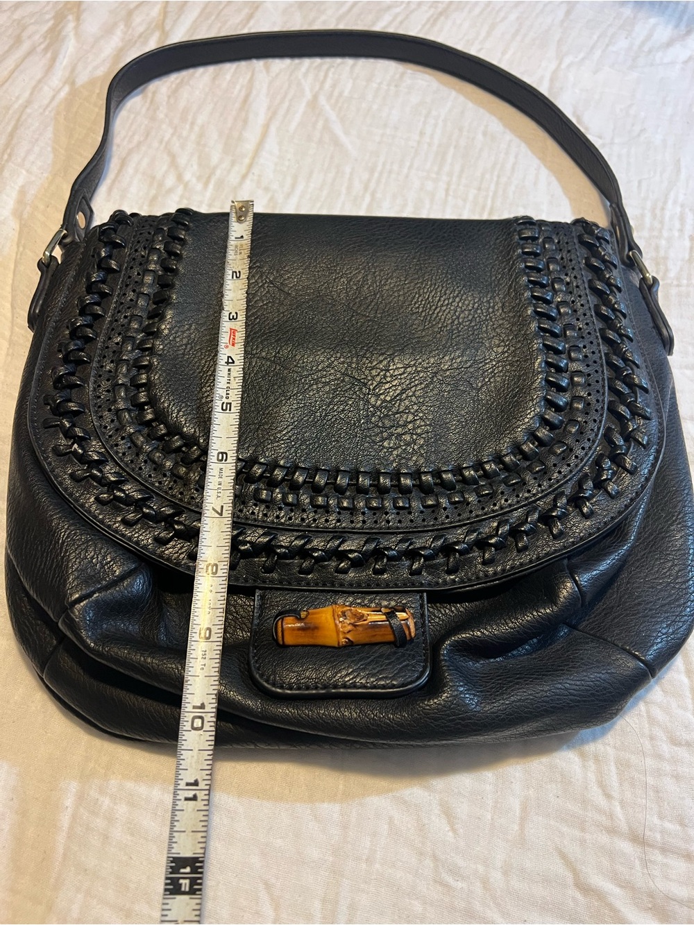 Big Buddha Black Leather Hobo with Braided Trim and Amber wood like Accent - Picture 6 of 8